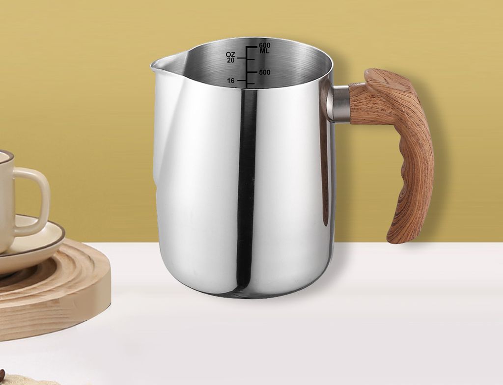 600/1000 ml Milchaufschäumkrug mit präziser Skala, Holzgriff, tropffreier Ausguss, Edelstahl, Latte-Kaffeetasse, Milchkaffee, Espresso, Cappuccin...
