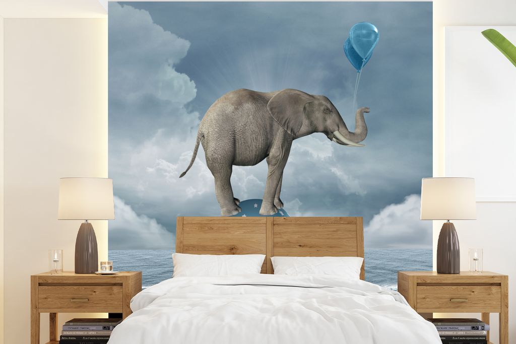 MuchoWow Fototapete für Wohnzimmer oder Schlafzimmer Wandtapete Vinyl Motivtapete Elefant - Luftballons - Fisch - Meer - 200x220 cm - Vinyltapeten