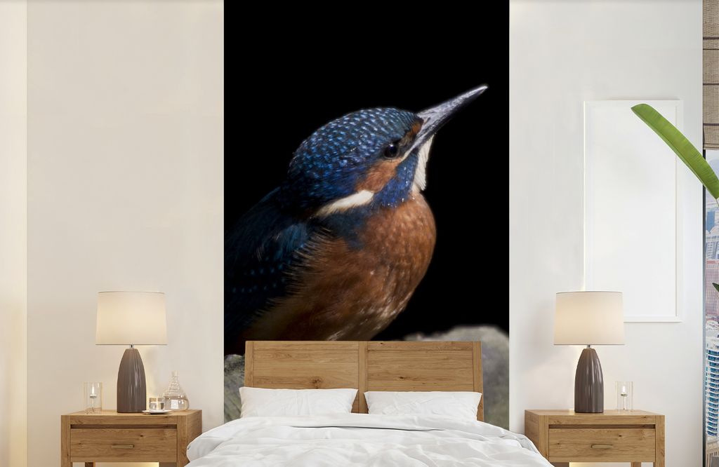MuchoWow Fototapete für Wohnzimmer oder Schlafzimmer Wandtapete Vinyl Motivtapete Eisvogel - Zweig - Federn - Schwarz - 120x240 cm - Hintergrund...
