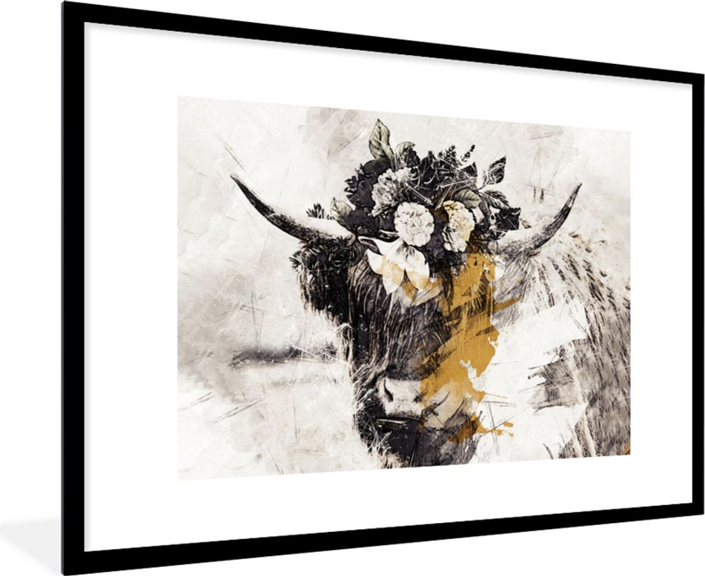 MuchoWow Gerahmtes Poster Schottischer Highlander - Gold - Weiß - Farbe 90x60 cm - Poster mit Schwarzem Bilderrahmen Wandposter Rahmen Foto Bild...