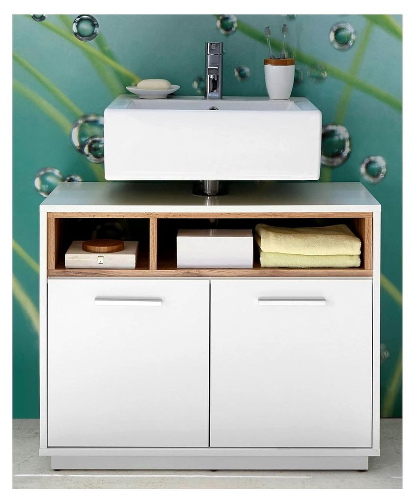 Badezimmer Waschbeckenunterschrank in Wildeiche Optik, Weiß Hochglanz - Bad Unterschrank mit viel Stauraum - 80 x 64 x 40 cm (B/H/T)