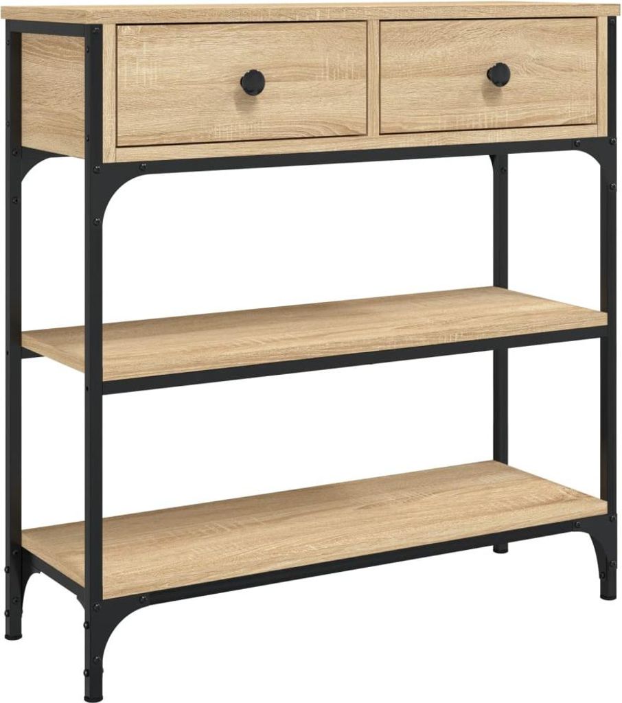 A console table with two drawers and two shelves, shown against a white background.