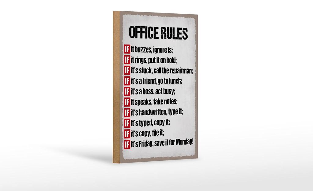 Holzschild Spruch 12x18cm Office rules it buzzes ignore it Produktbild 