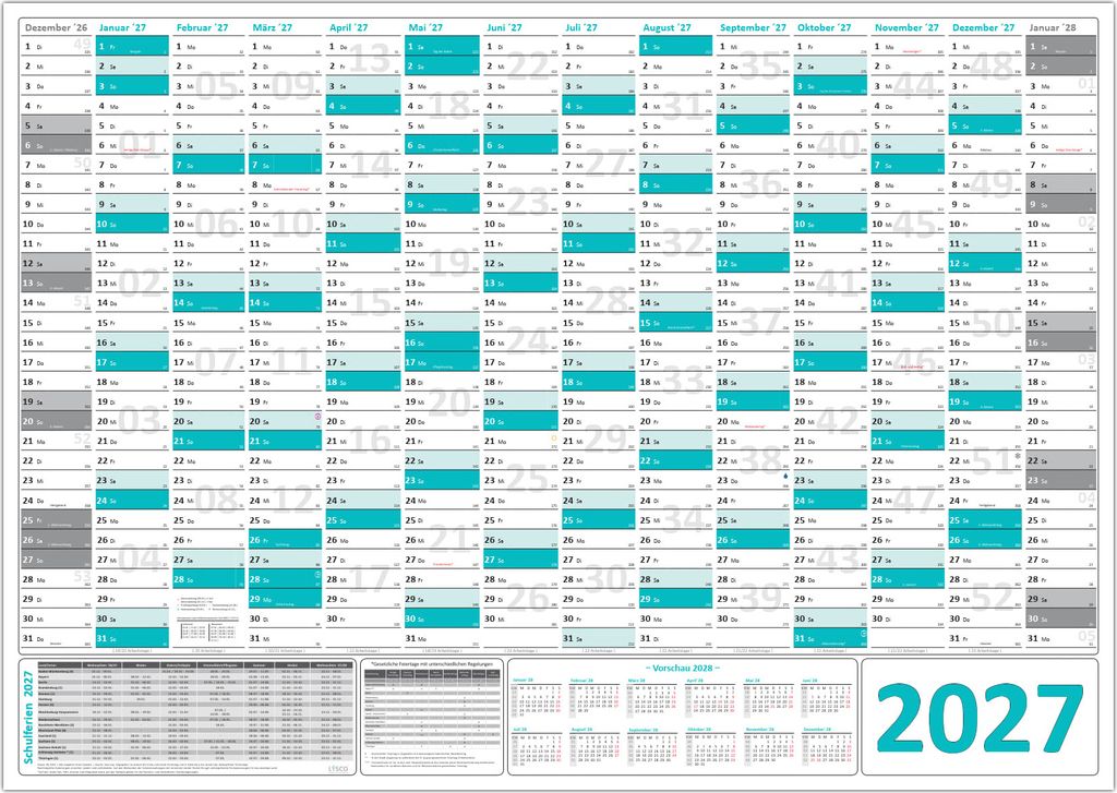Türkis Wandkalender / Wandplaner 2027 (gerollt) DIN A1 Format (594 x 841 mm) 14 Monate, komplette Jahresvorschau Folgejahr und Ferientermine Feier...