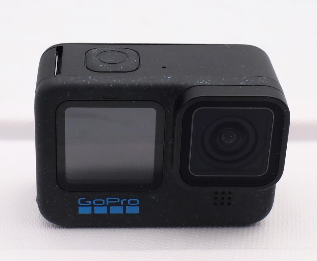 A black GoPro action camera is shown from the front on a white background.