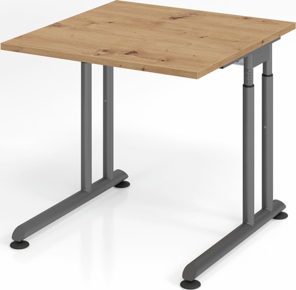 Schreibtisch Nilo | Asteiche | Graues Gestell | BxT 80x80cm | Arbeitshöhe 68-82cm | höhenjustierbar, 1cm Raster | C-Fuß-Gestell | Rechteckform