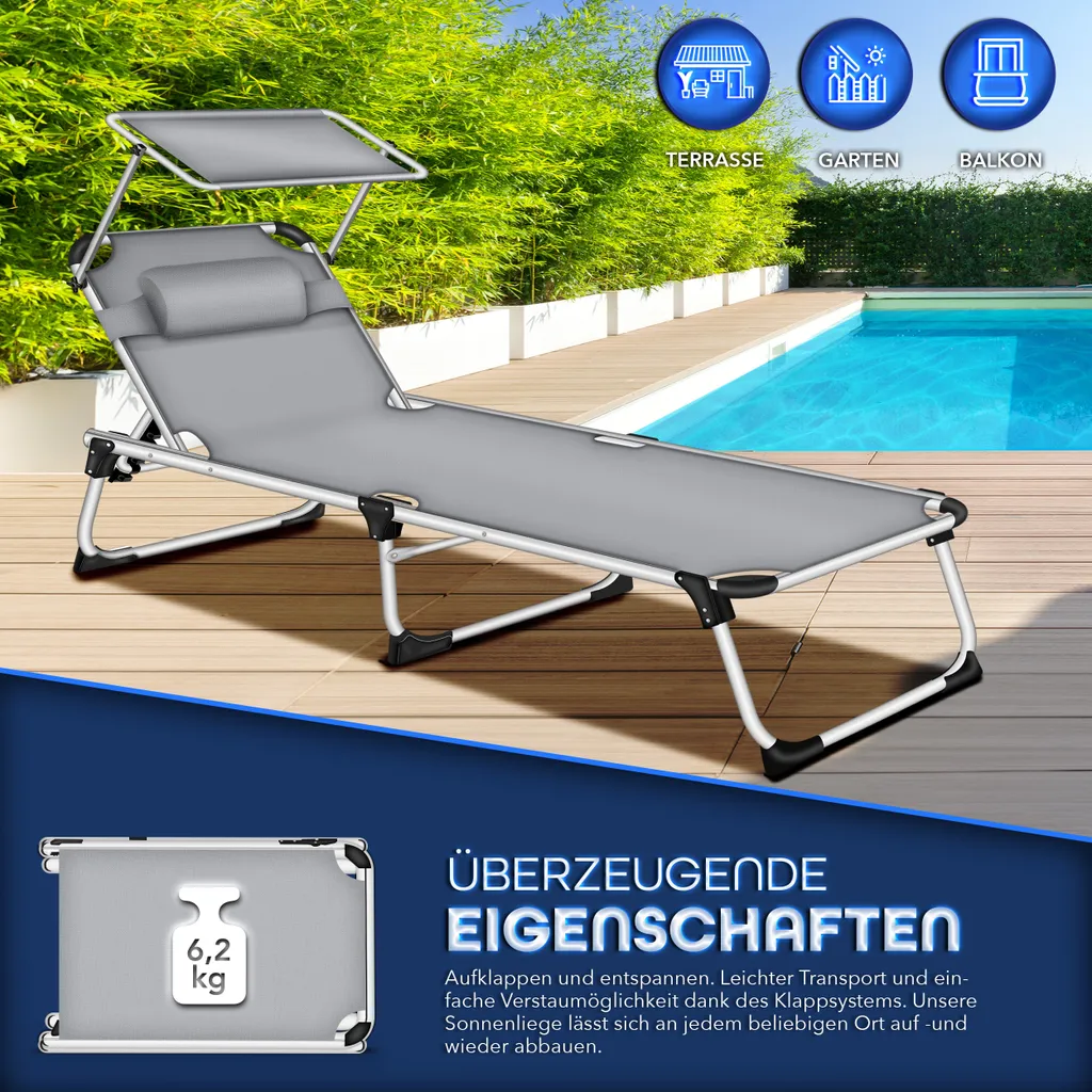 tillvex® Lettino prendisole con tetto e cuscino per la testa grigio - rivestimento Basic | lettino da giardino pieghevole | lettino da spiaggia con schienale regolabile, superficie di sdraio imbottita | lettino in alluminio - 7