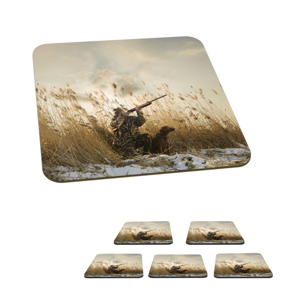 KitchenYeah Glasuntersetzer Quadratisch 6er Set Ein Mann auf Entenjagd im Marram-Gras 10x10 cm Untersetzer für Gläser - Getränkeuntersetzer - ...