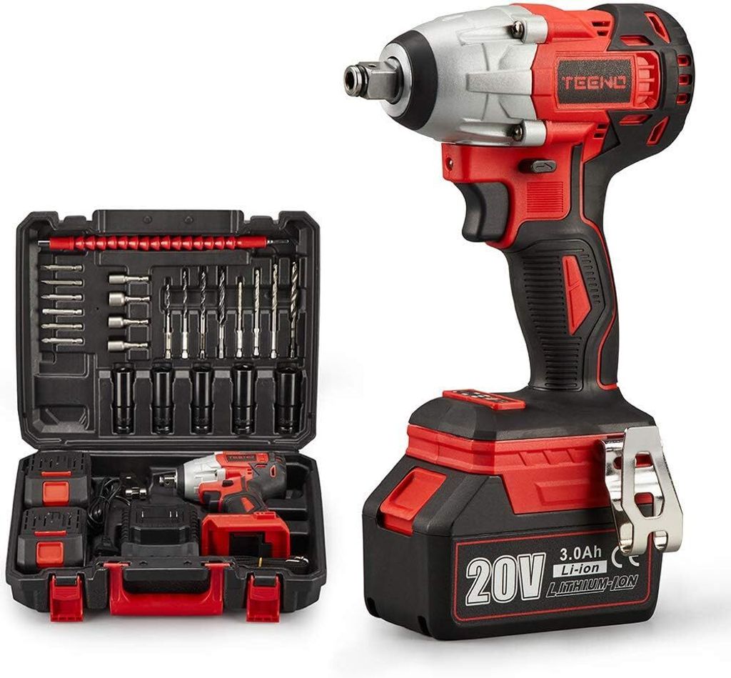 A cordless impact wrench and its accessories are displayed on a white background.