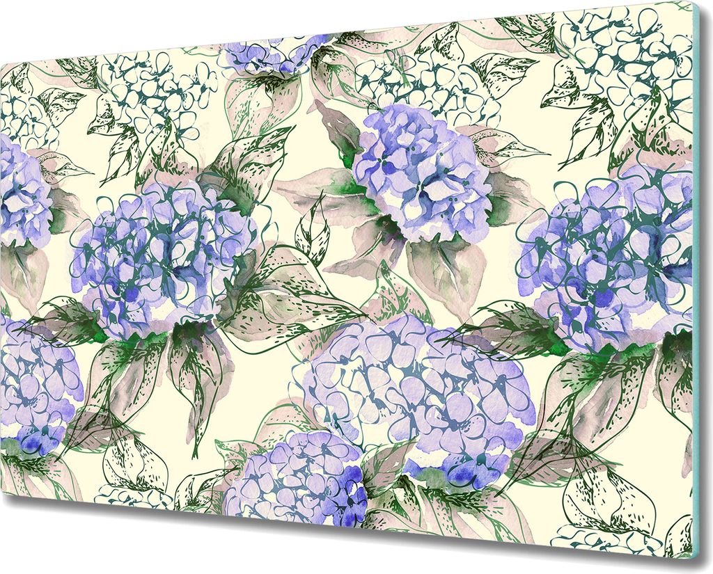 Glas-Herdabdeckplatte Glaskeramikkochfeld-Abdeckung Spritzschutz - 80x52 cm - Hortensia grün lila