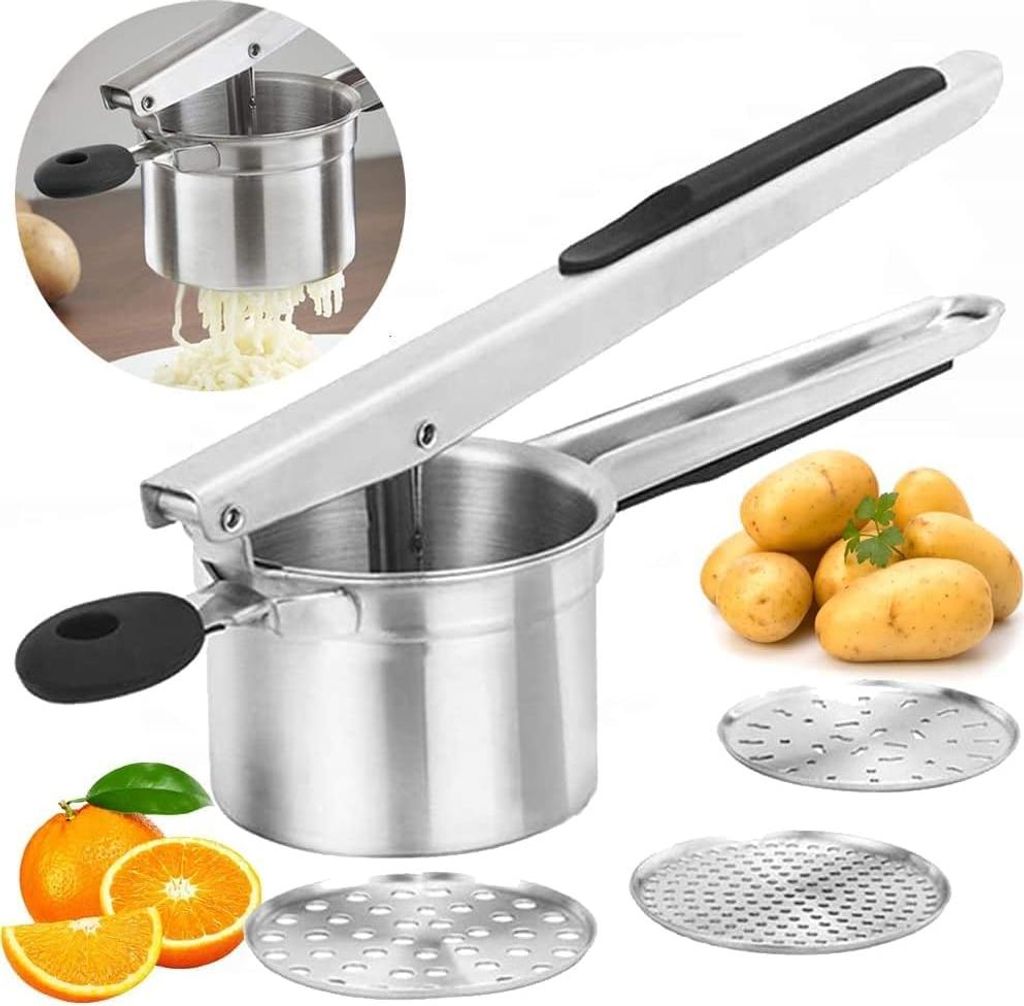 Aardappelstampfer mit 3 austauschbaren Sieben, Waschmaschinetauglich, für cremige Kartoffelpüree, Babykost, Latzstampfer Edelstahl, Saftzentrifuge