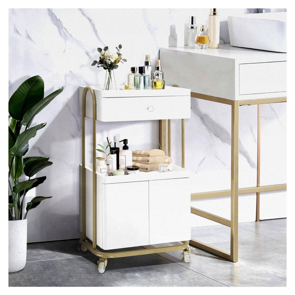 Servierwagen mit Rollen und Schublade, Friseurwagen in Weiß-Gold, Trolley mit 2 Ablagen und Schrank, Moderner Arbeitswagen für Bad und Wohnzimmer...