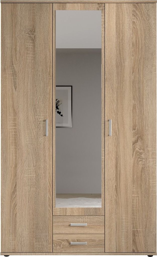 Kleiderschrank Karl 120x195 Nachbildung Eiche Sonoma 3 Türen 2 Schubladen Spiegel
