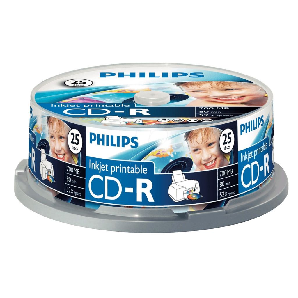 Philips CD-Rohlinge, 80Min, 700MB, Speed 52x, bedruckbare Oberfläche, Spindel 25 (Disc)