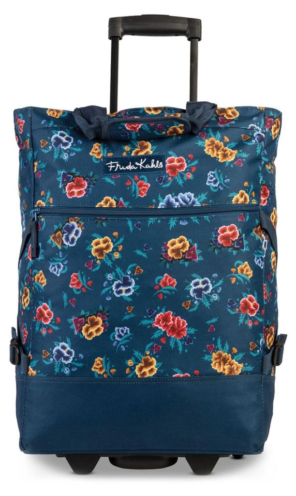 A Frida Kahlo branded shopping roller bag with a floral pattern.