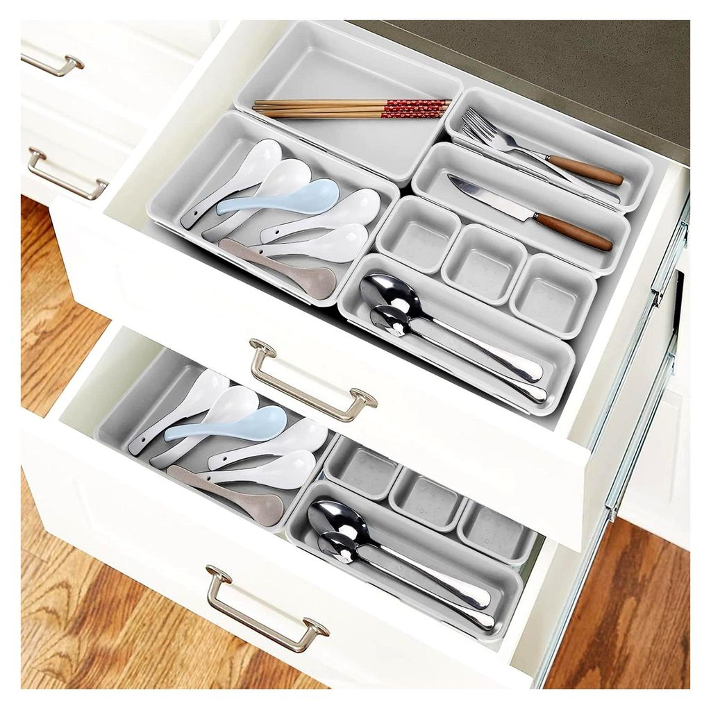 Schubladeneinlagen 8 Stück Trennsystem Gewürzorganizer Schubladentrenner Bad Organizer Set mit Silikon-Anti-Rutsch-Kugeln Hellgrau