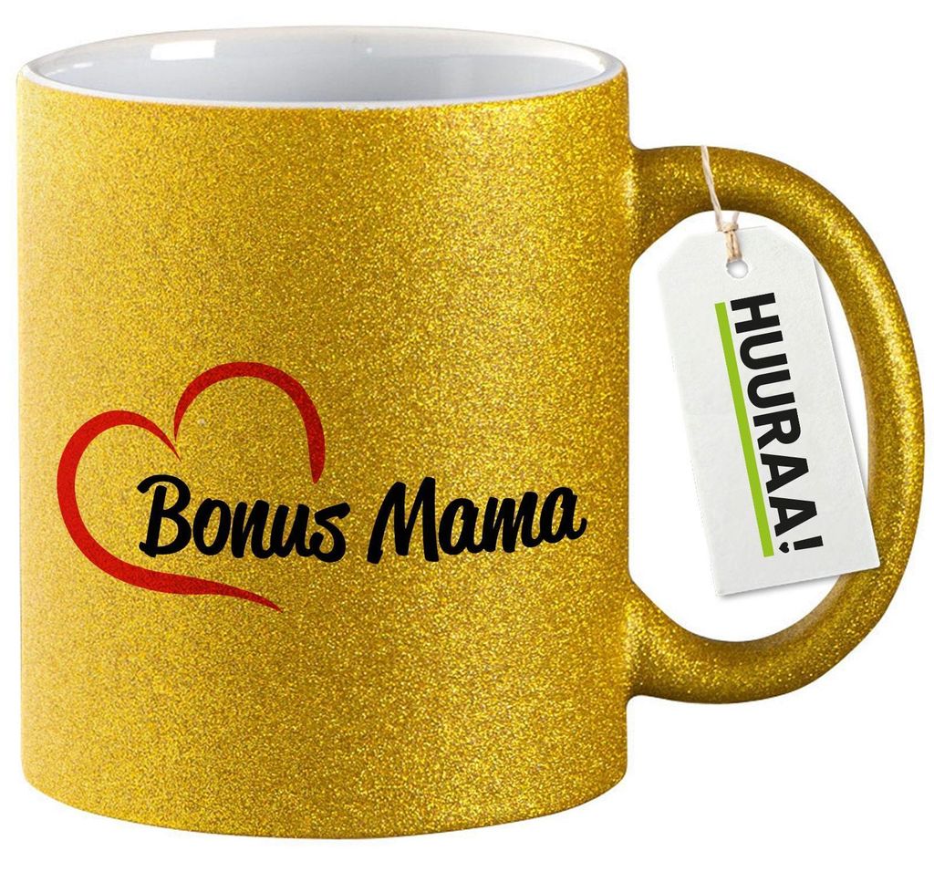Huuraa Glitzertasse Bonus Mama Herz 330ml Gold Keramik Kaffeebecher Geschenkidee