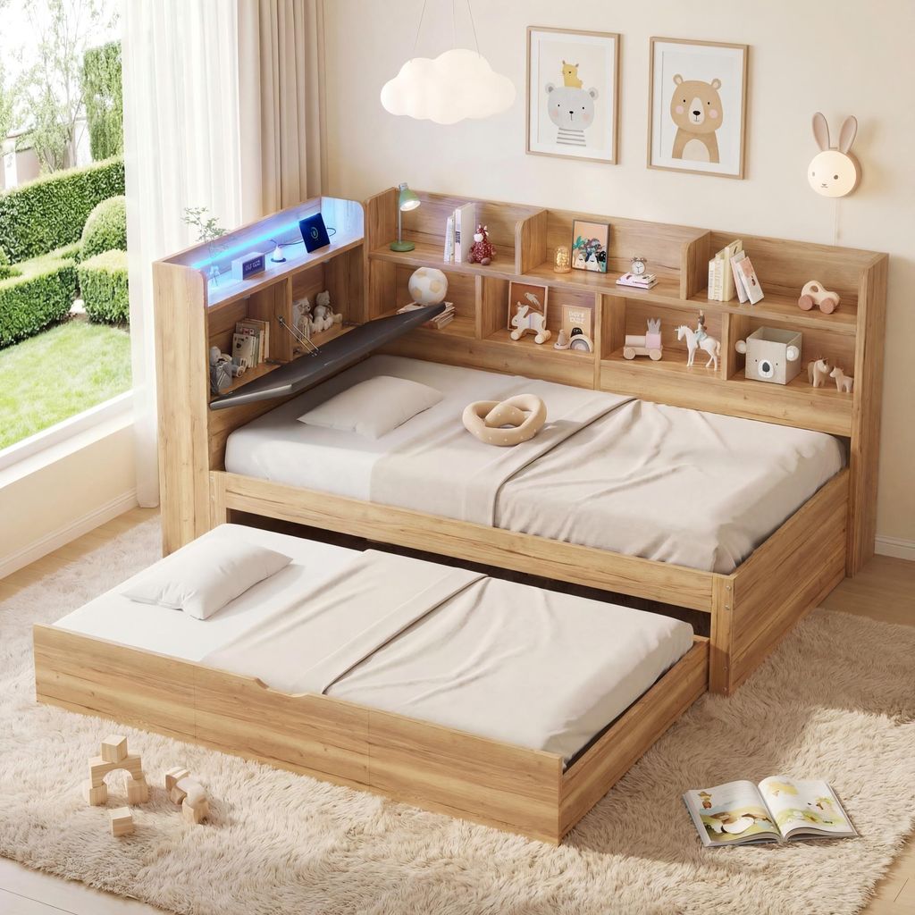 STILVORA Kinderbett 90x200 cm mit zwei Matratze Jugendbett mit LED-Beleuchtung und USB-Ladeanschlüssen, Stauraumbett mit Ausziehbett 90x190 cm, Ta...