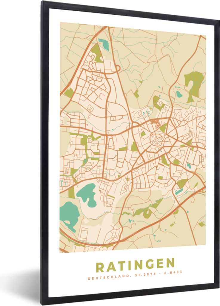 MuchoWow Gerahmtes Poster Ratingen - Karte - Stadtplan - Vintage - Karte 20x30 cm - Poster mit Schwarzem Bilderrahmen Wandposter Rahmen Foto Bild...