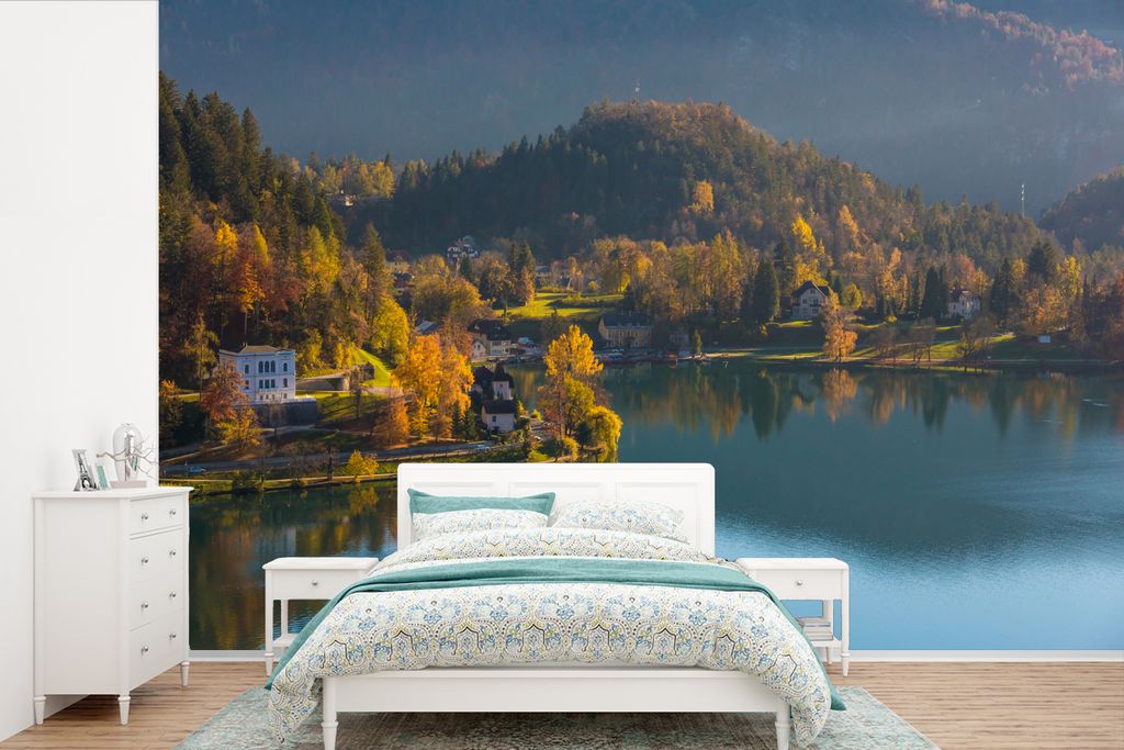 MuchoWow Fototapete für Wohnzimmer oder Schlafzimmer Wandtapete Vinyl Motivtapete See - Baum - Herbst - 360x240 cm - Vinyl-Tapete