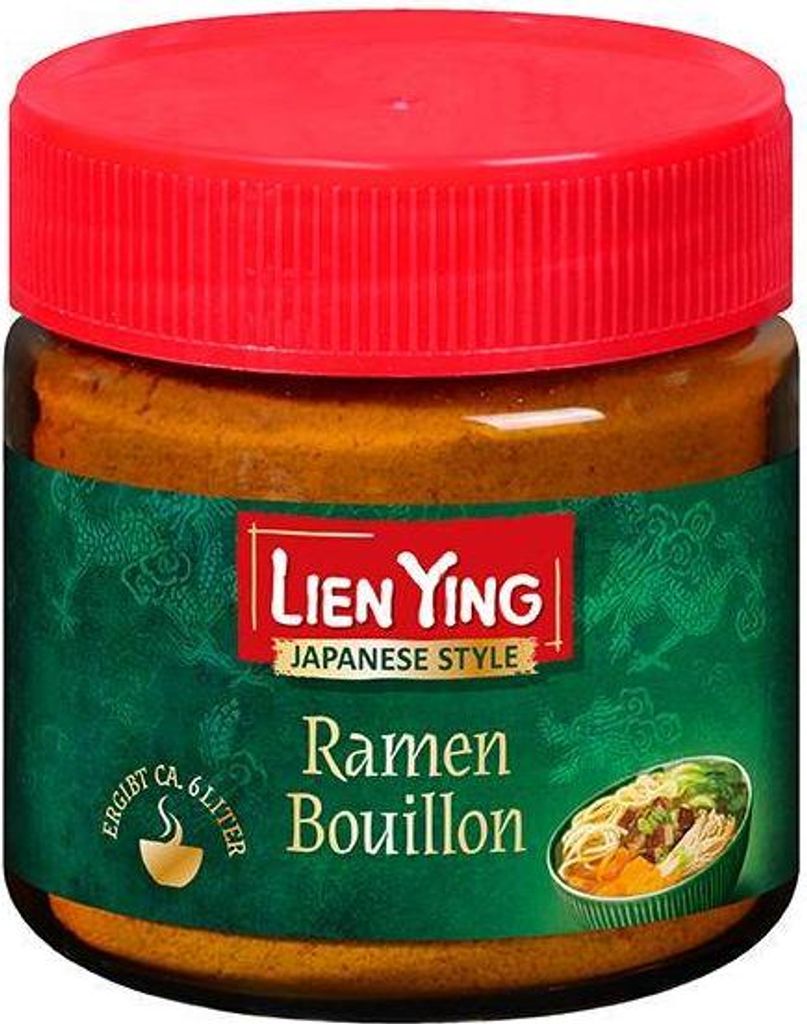 A jar of Lien Ying Ramen Bouillon with a red lid, set against a white background.
