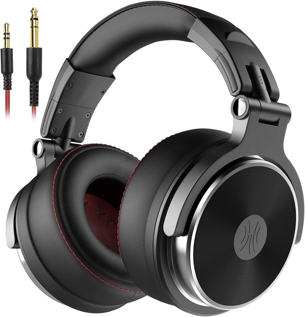 A pair of professional over-ear DJ headphones with two audio jacks shown in the background.