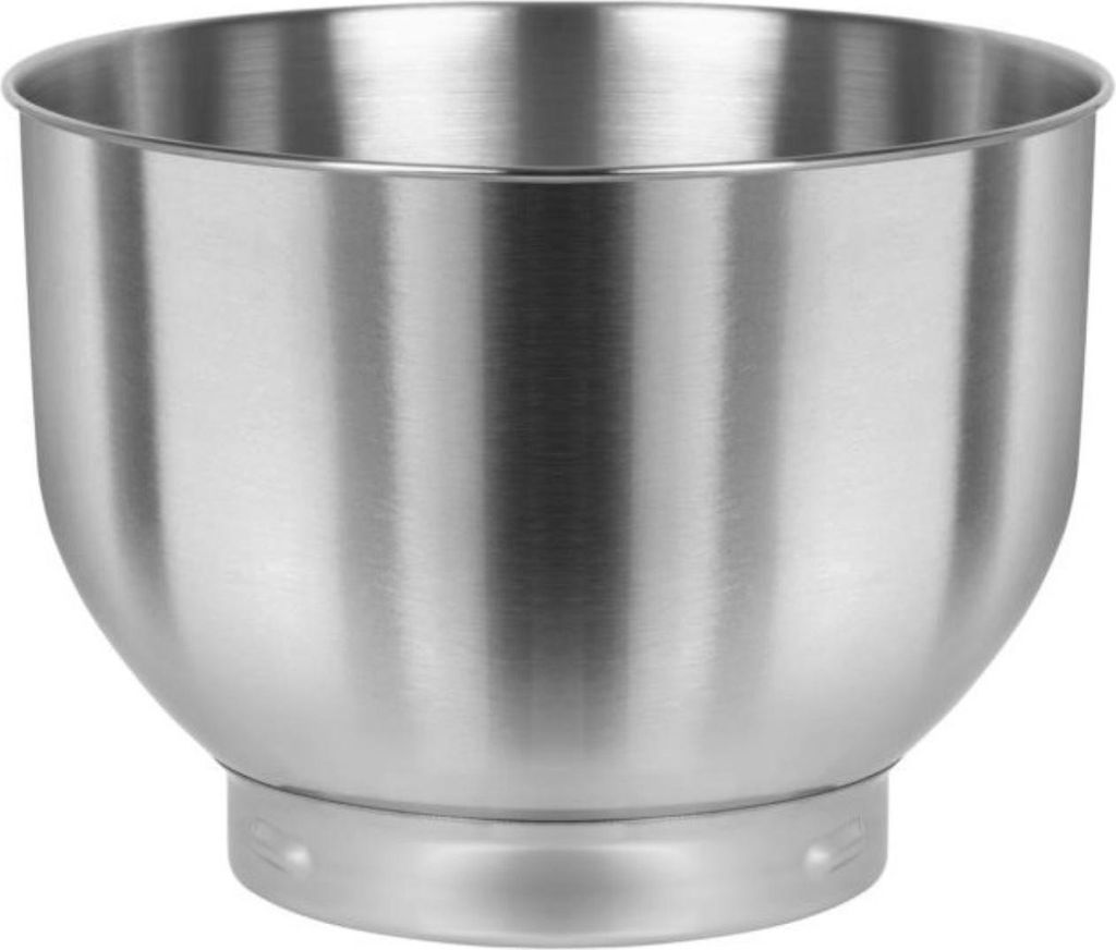 A close-up studio shot of a stainless steel mixing bowl.