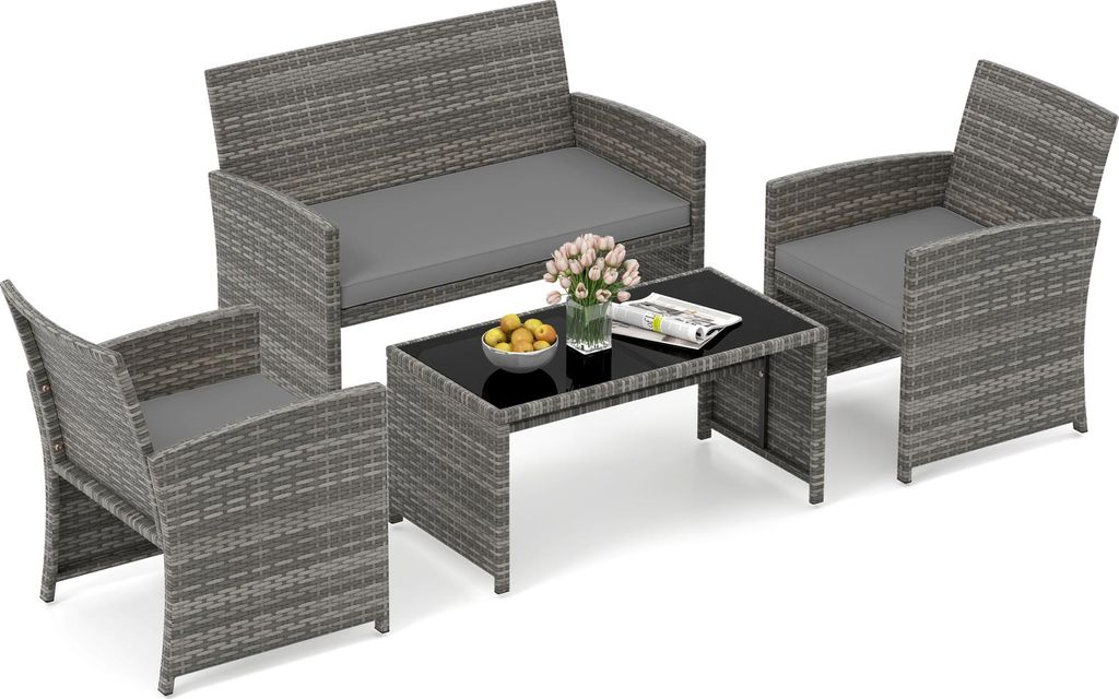 COSTWAY Polyrattan Gartenmöbel Set, Outdoor Lounge Möbel, Sitzgruppe mit 2 Stühlen, Bank, Tisch & Kissen, Terrassenmöbel, Gartengarnitur Grau