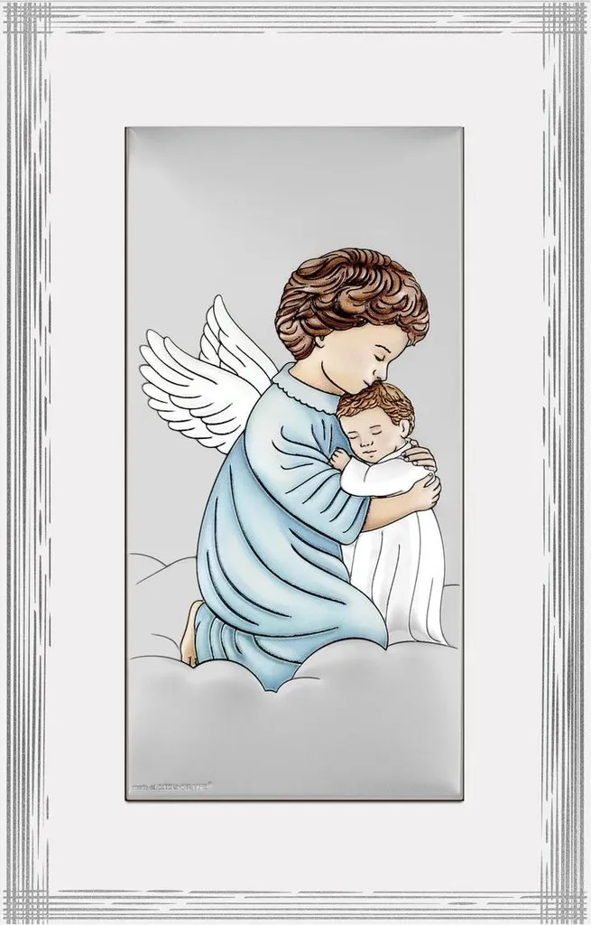 Icône ange gardien argentée et moderne 9x15,5 cm au design coloré