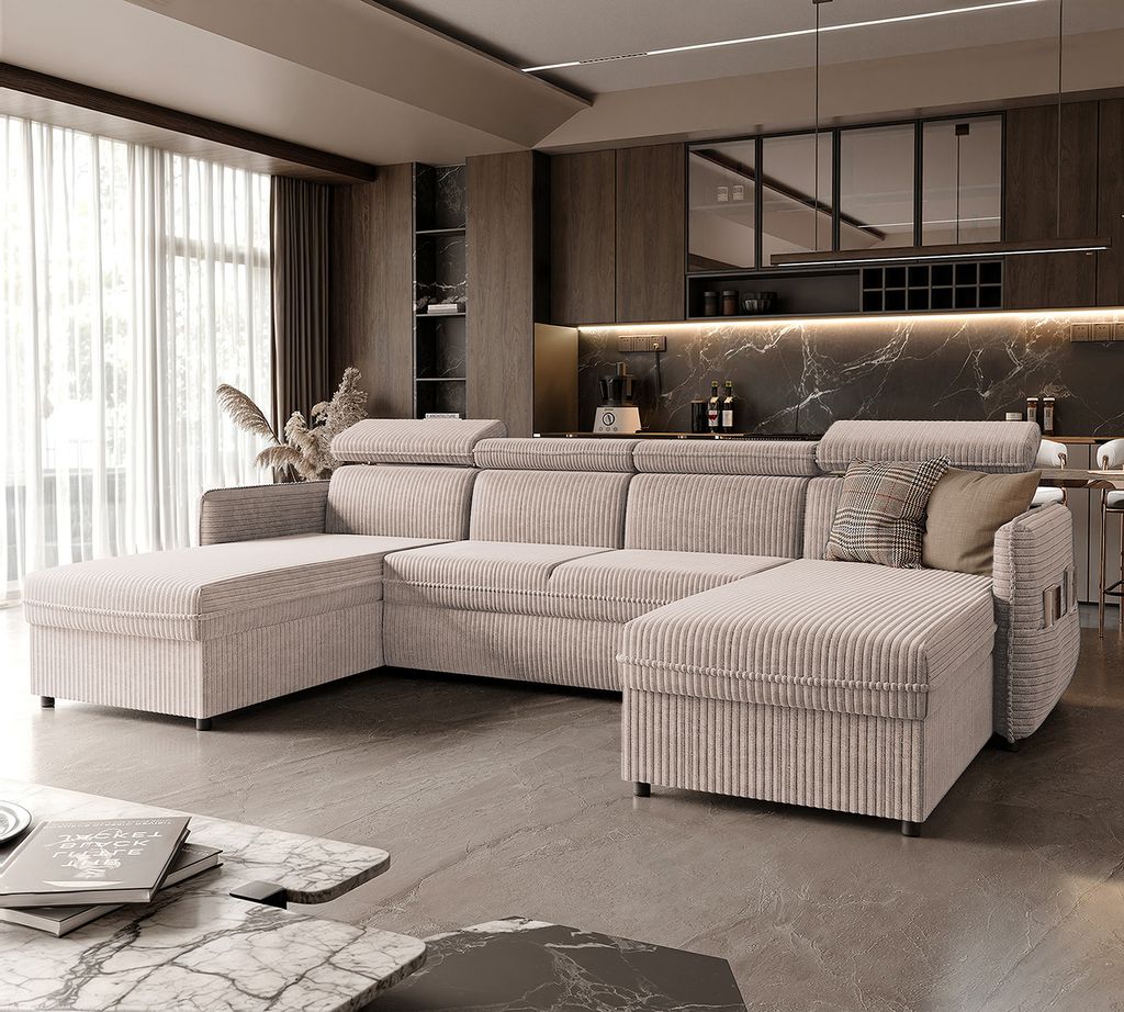 Ecksofa Beni mit Schlaffunktion Couchgarnitur Ecke Bettcouch Sofa mit Relaxfunktion und Kopfstützen Eckcouch Wohnzimmer Bettsofa U-Form Poso 100 B...