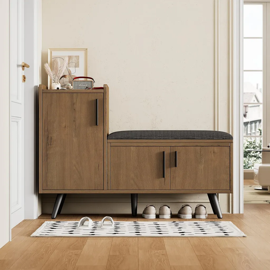 Banc de Rangement Chaussures avec Poignées Métalliques Asymétriques Chic