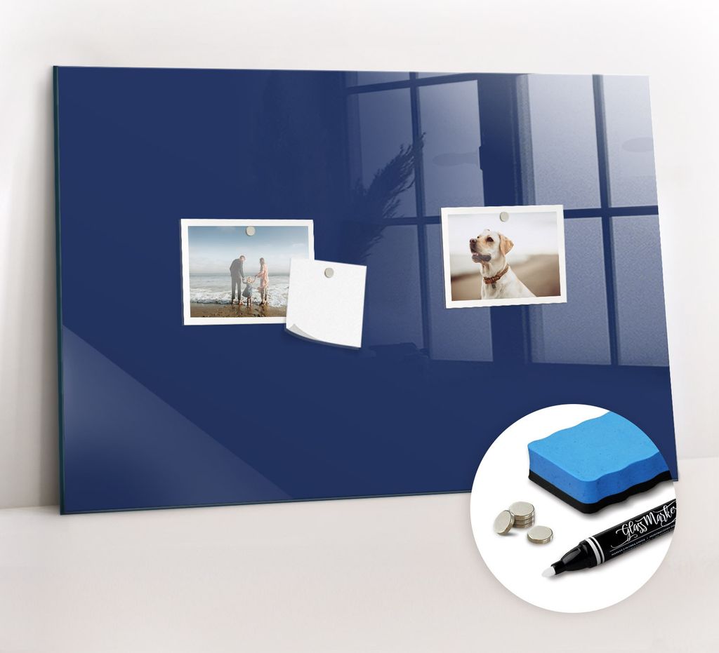 Magnetpinnwand Memoboard - Zubehörsatz - Weißer Marker + Schwamm + Magnete - 60 x 40 cm - Navy blau