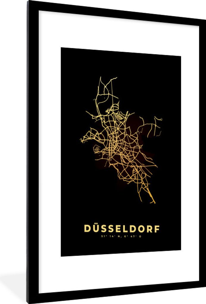 MuchoWow Gerahmtes Poster Karte - Gold - Düsseldorf - Stadtplan 60x90 cm - Poster mit Schwarzem Bilderrahmen Wandposter Rahmen Foto Bilder - Dek...