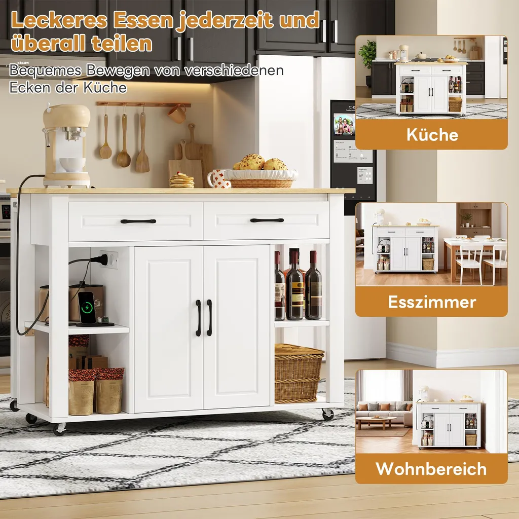 Îlot de Cuisine Extensible avec Prises Intégrées et Double Rangement - 2