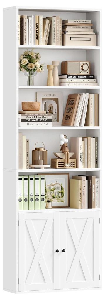 Bücherregal Mit Türen - Hohes Standregal - 7 Ebenen - 60x23,5x209 cm - Für Wohnzimmer Büro - Weiß