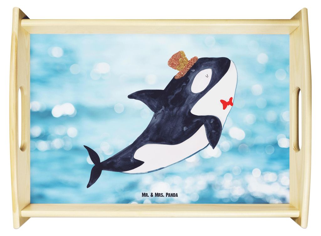 Mr. & Mrs. Panda Serviertablett Orca Zylinder - Oceanblue - Geschenk, Holztablett, Servier Tablett, Fest, Meer, Frühstückstablett, Glitter, Narwa...