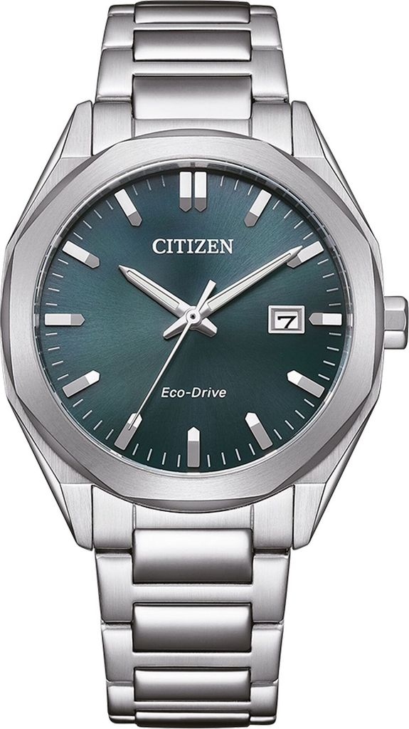 A close-up studio shot of a silver and green Citizen Eco-Drive watch with a metal band.
