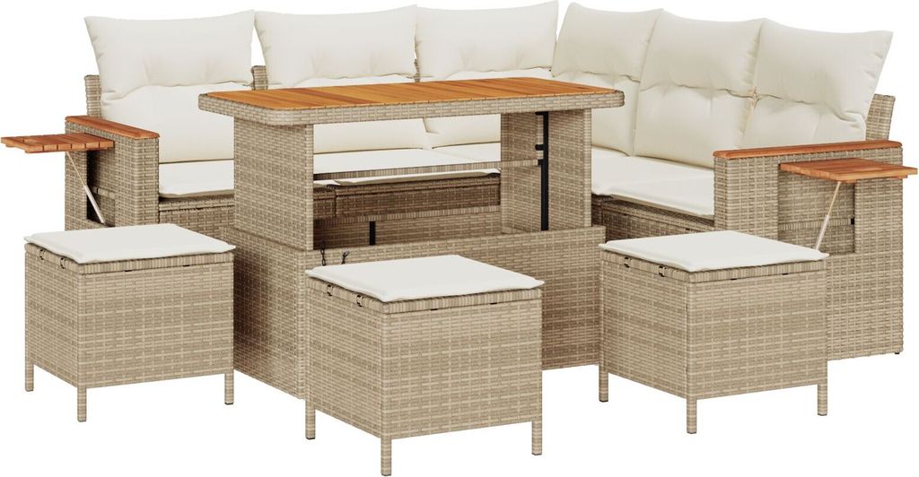 Möbel 9-teiliges Garten Sofa Set mit Kissen Beige Poly Rattan Akazie, 4-teiliges Garten Essset mit Kissen Beige Poly Rattan Akazie - Gartensofas 3...