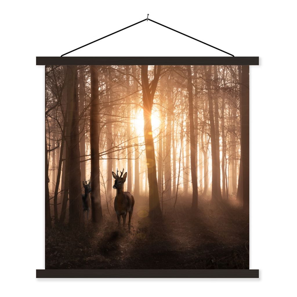 MuchoWow Textilposter Wald - Hirsche - Sonne - Bäume - Winter - Natur - Tiere 60x60 cm mit schwarzem Rahmen - Posteraufhänger