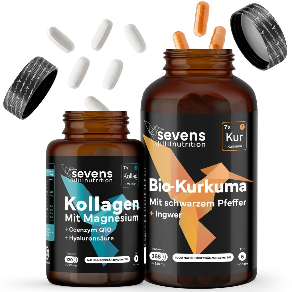 Kollagen Hydrolysat 120 Tabletten mit Hyaluronsäure & Q10 + Kurkuma 365 Kapseln mit Ingwer & Pfeffer – Set – Sevens Nutrition