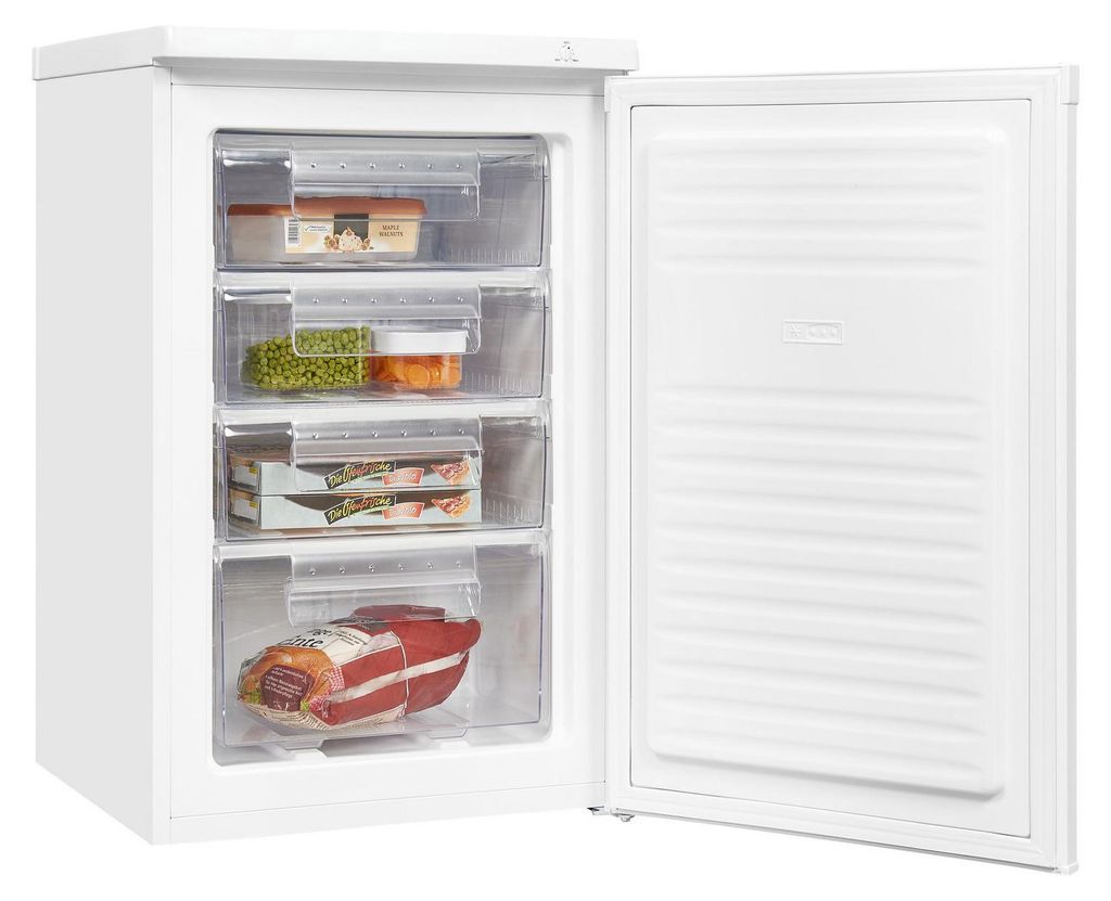 An open upright freezer filled with various food items.