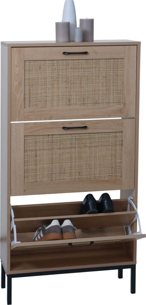 A shoe cabinet with rattan fronts and multiple shelves, displayed against a white background.