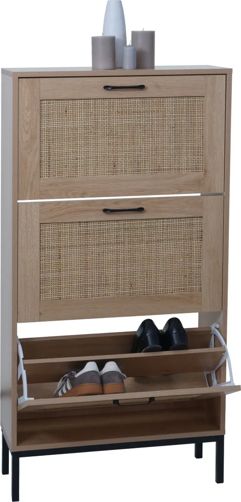 Meuble à chaussures HWC-N92 aspect chêne et rotin pour entrée chic
