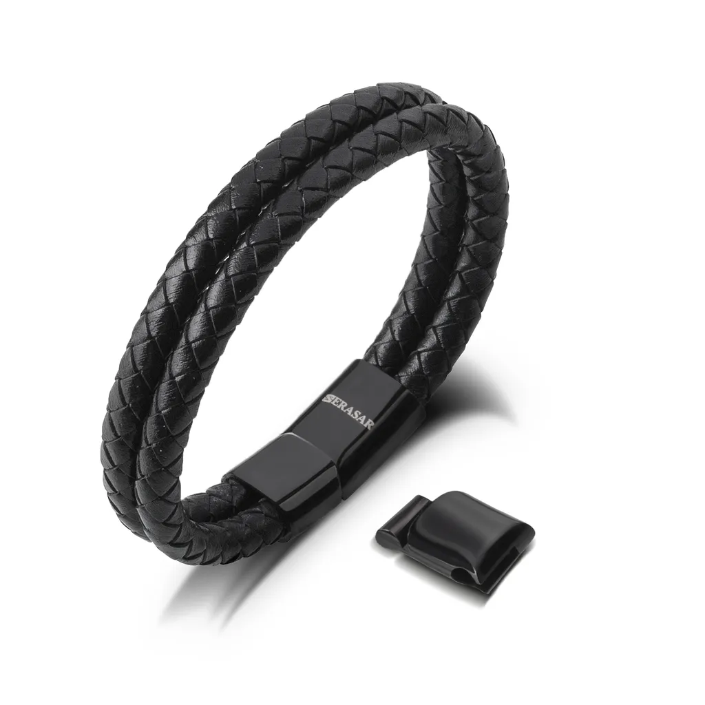 SERASAR Bracciale Uomo Pelle Nero 23cm | Chiusura Magnetica Acciaio