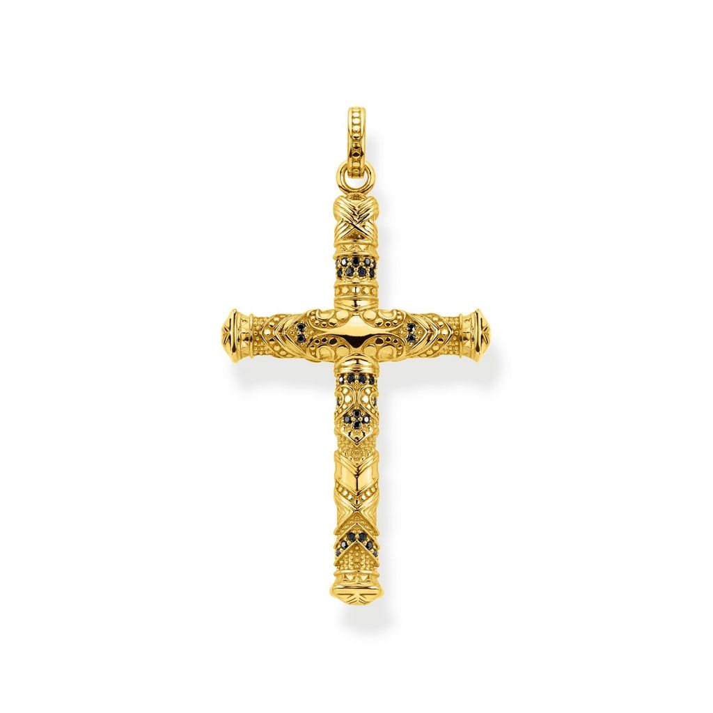 A gold-plated silver cross pendant with black stones.