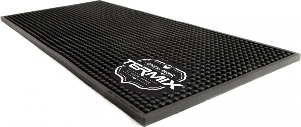 Schwarze Gummi Utensilienmatte für Stylingwerkzeuge, 20 x 44,7 cm, hitze- & klingenbeständig, rutschfest, Old School-Barber-Look