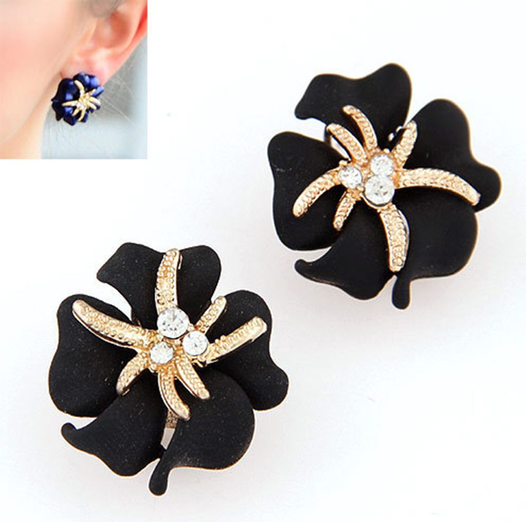 Eleganter Blumen-Seestern, glänzender Strass-Ohrstecker, Ohrring, Hochzeit, Brautschmuck-Schwarz