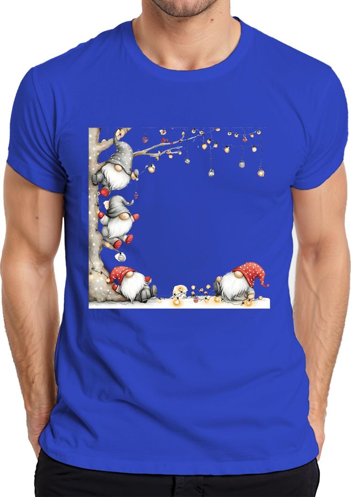 Weihnachtswichtel Lichterkette Kugeln rot Hut niedlich Geschenk Herren T-Shirt, Blau, L