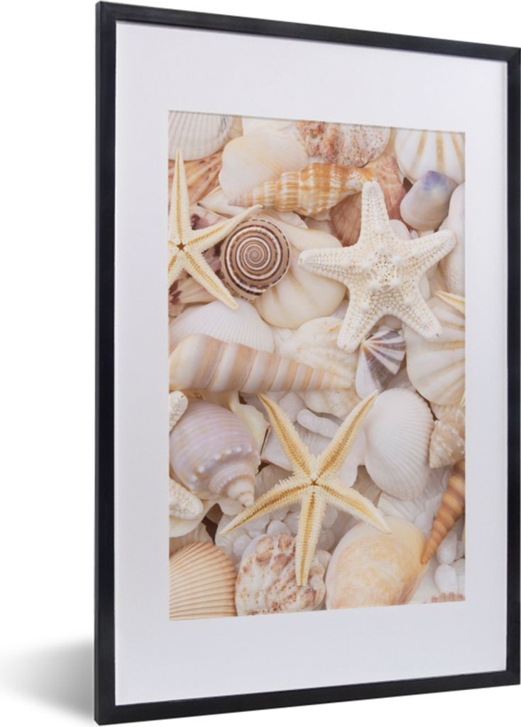MuchoWow Gerahmtes Poster Seestern - Muscheln - Strand - Sommer 40x60 cm - Poster mit Schwarzem Bilderrahmen Wandposter Rahmen Foto Bilder - Post...