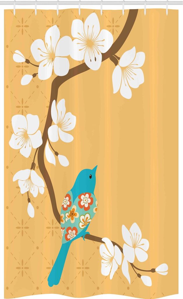 ABAKUHAUS Vögel Schmaler Duschvorhang, Vögel auf Kirschblüte, Badezimmer Deko Set aus Stoff mit Haken, 120 x 180 cm, Mehrfarbig